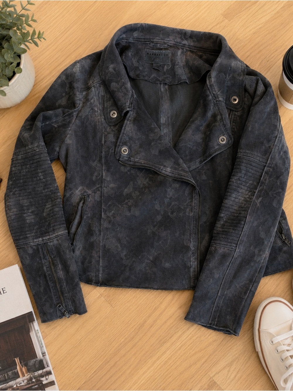 Marrakech Floral Moto Jacket Gray Faux Suede Zip Motorcycle Jacket M